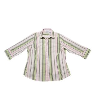 VTG Liz Claiborne Villager Stretch Blouse 16W Green Pink Stripe Button Up Office